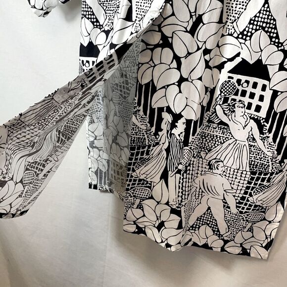 Vintage 80s Gil Aimbez Black White Tennis Player Print SS Button Up Tunic Sz 10 - Picture 8 of 15